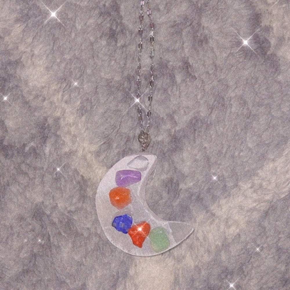Healing Selenite Chakra Moon Necklace (with chain)